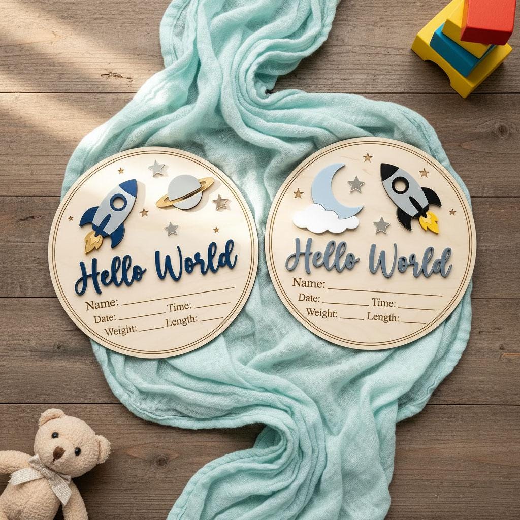 Blue Rocket Birth Stats Sign for Hospital | Round Wooden Newborn Name Plaque | Custom Baby Boy Announcement | Space Nursery Decor