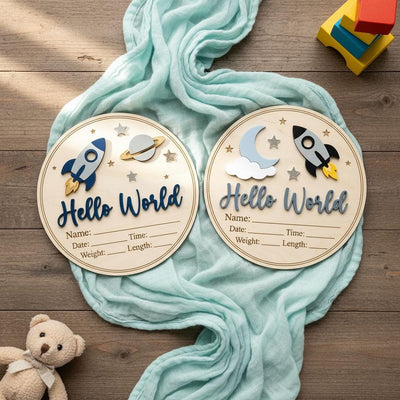 Blue Rocket Birth Stats Sign for Hospital | Round Wooden Newborn Name Plaque | Custom Baby Boy Announcement | Space Nursery Decor