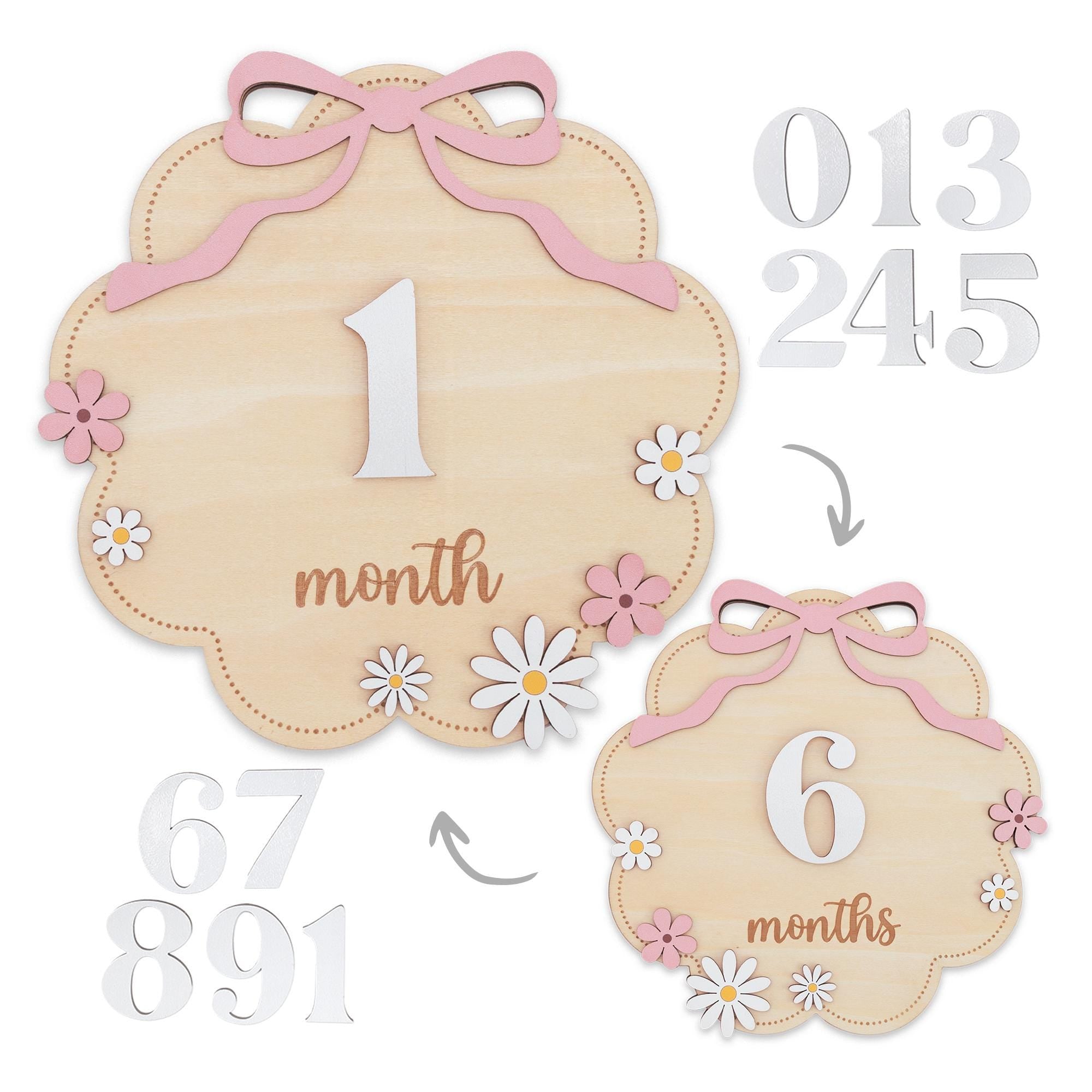 Floral Wooden Baby Milestone Sign with Numbers 1–12 Months