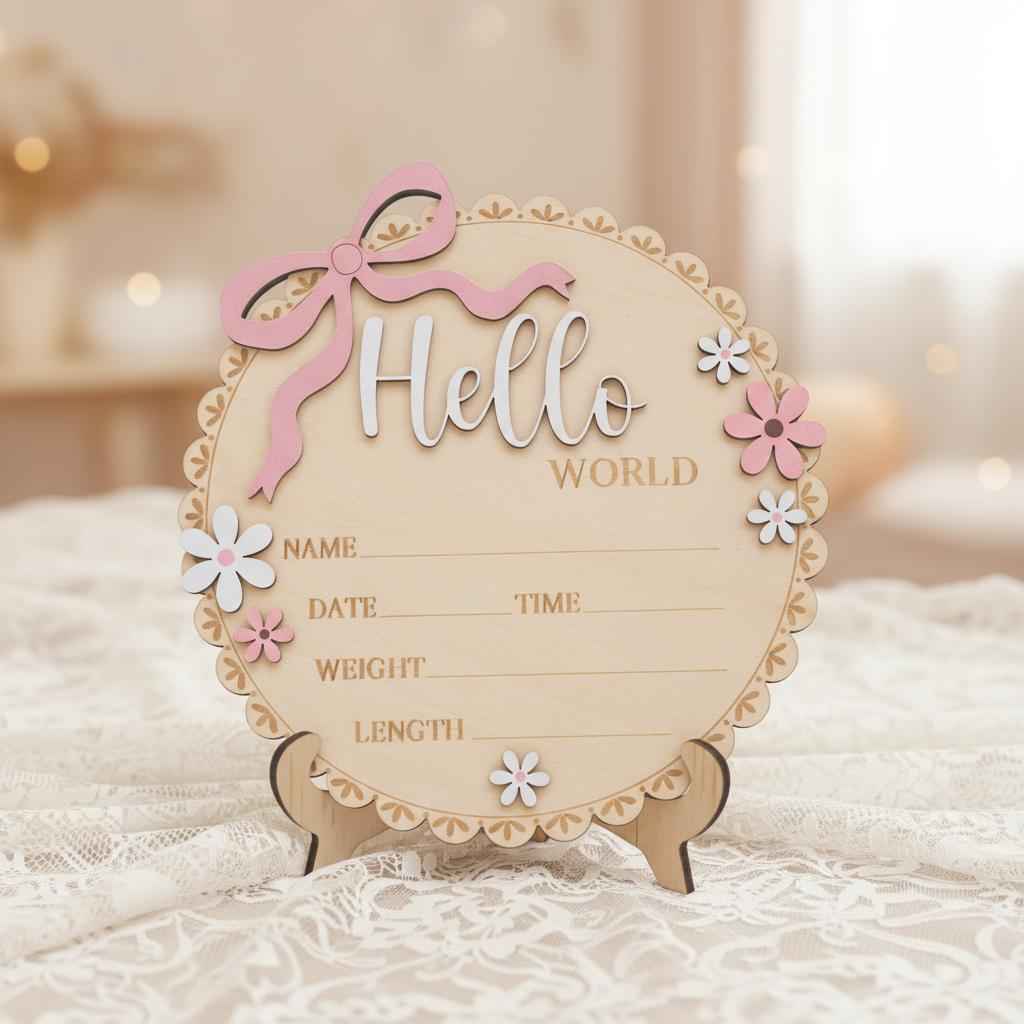 Baby Girl Hello World Sign Wooden Birth Stats Baby Shower Gift