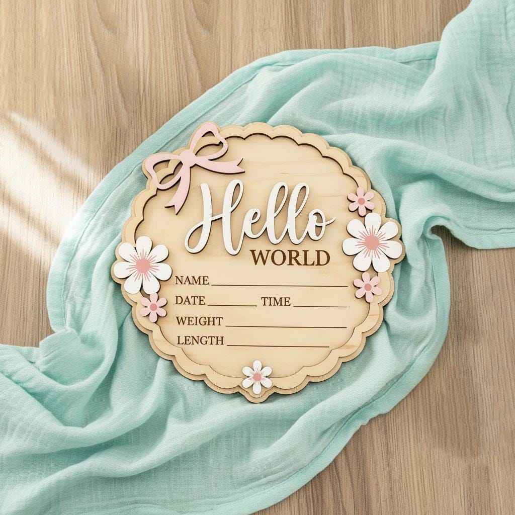 Coquette Pink Bow Birth Sign | 3D Daisy Scalloped Plaque | Acrylic Hello World Announcement | Shabby Chic Girl Nursery Prop