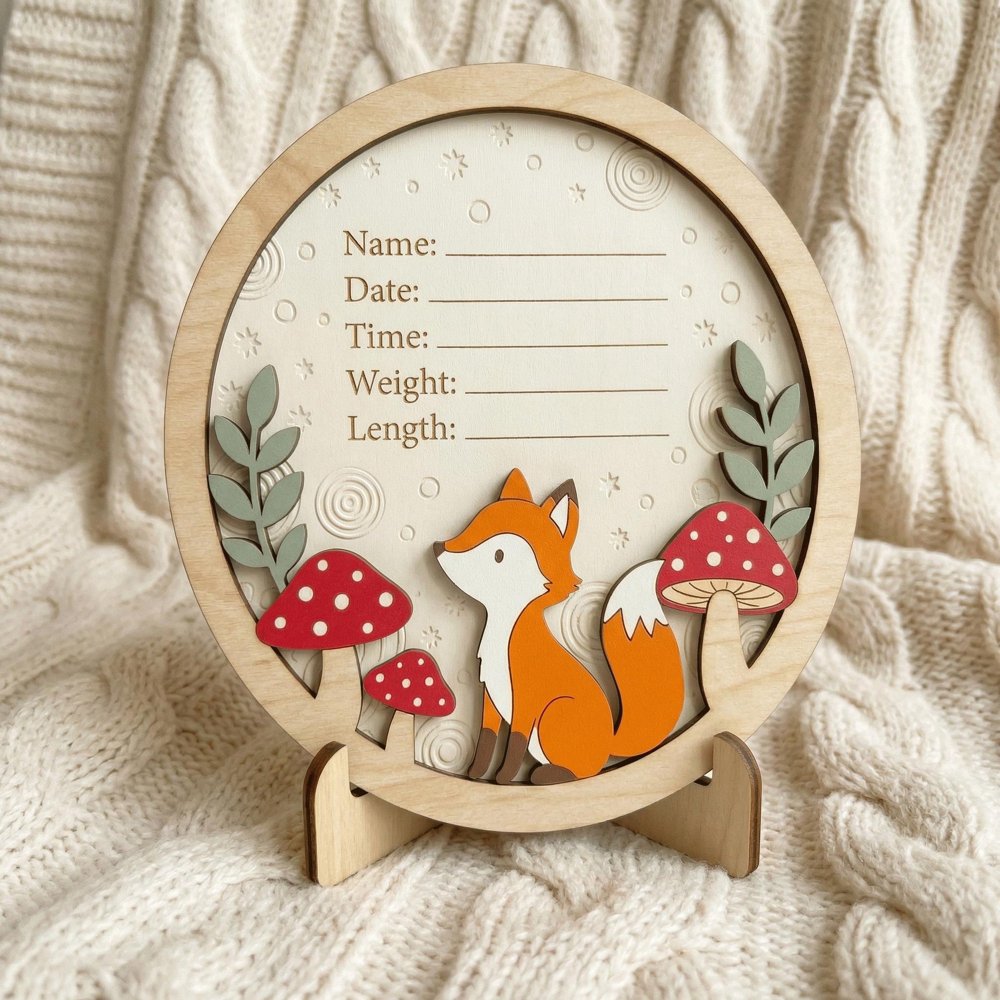 Woodland Fox Birth Stats Sign | Mushroom 3D Wooden Newborn Plaque | Custom Forest Baby Announcement | Neutral Nursery Decor