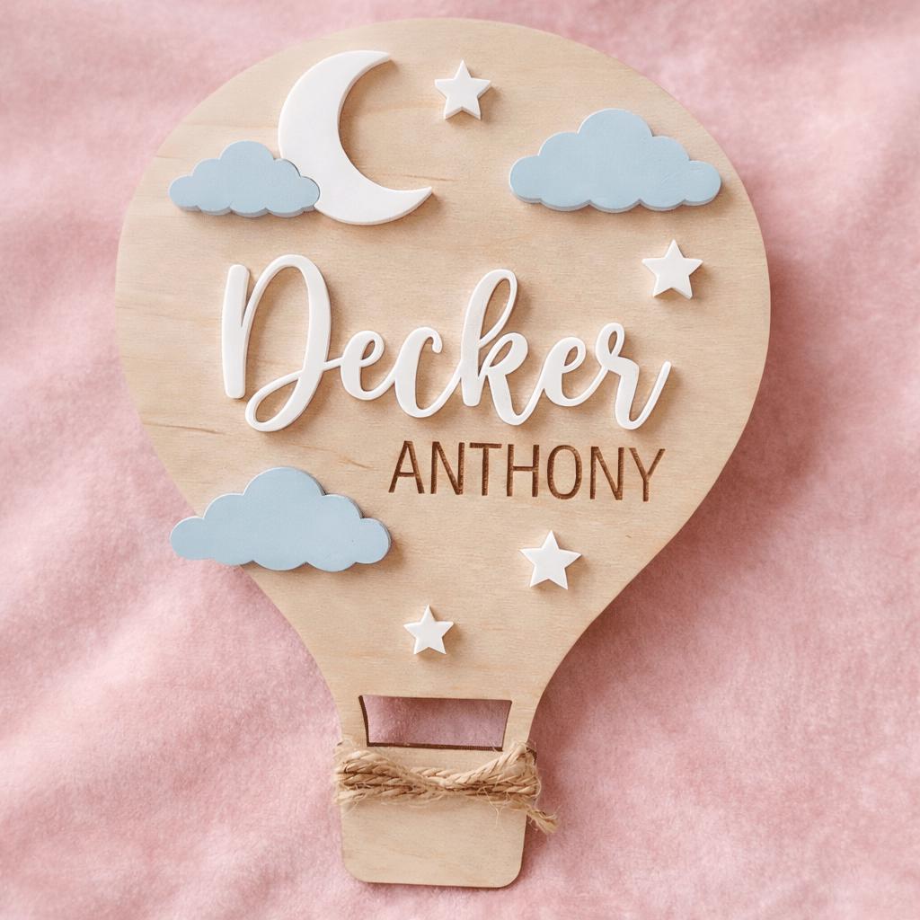 Hot Air Balloon Name Sign | Blue Pink Clouds Baby Plaque | 3D Moon Stars Wooden Letters | Whimsical Nursery Wall Decor Custom