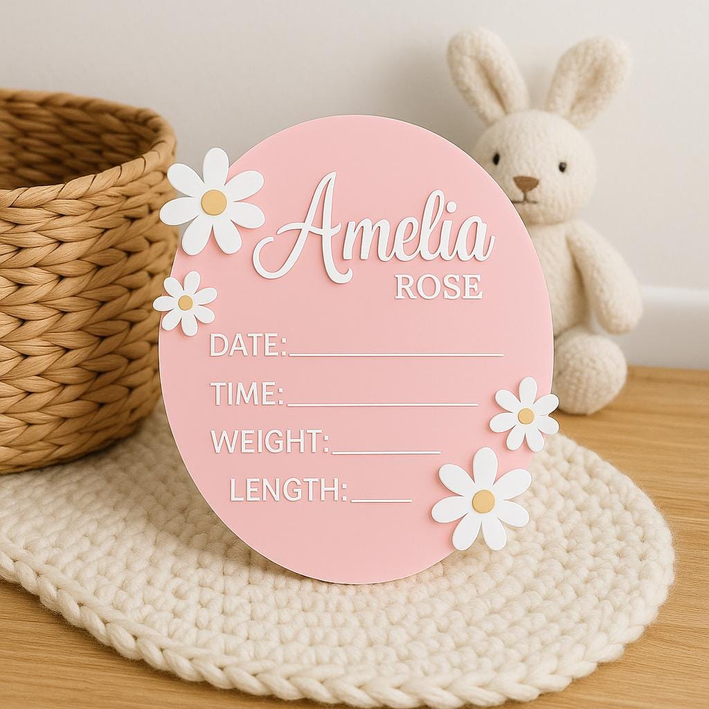 Acrylic Baby Announcement Sign: 3D Daisy, Pastel Pink or Mint