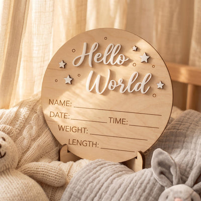 Celestial Stars Birth Stats Sign | 3D Star Wooden Baby Plaque | Acrylic Lettering Hello World Announcement | Neutral Nursery Prop