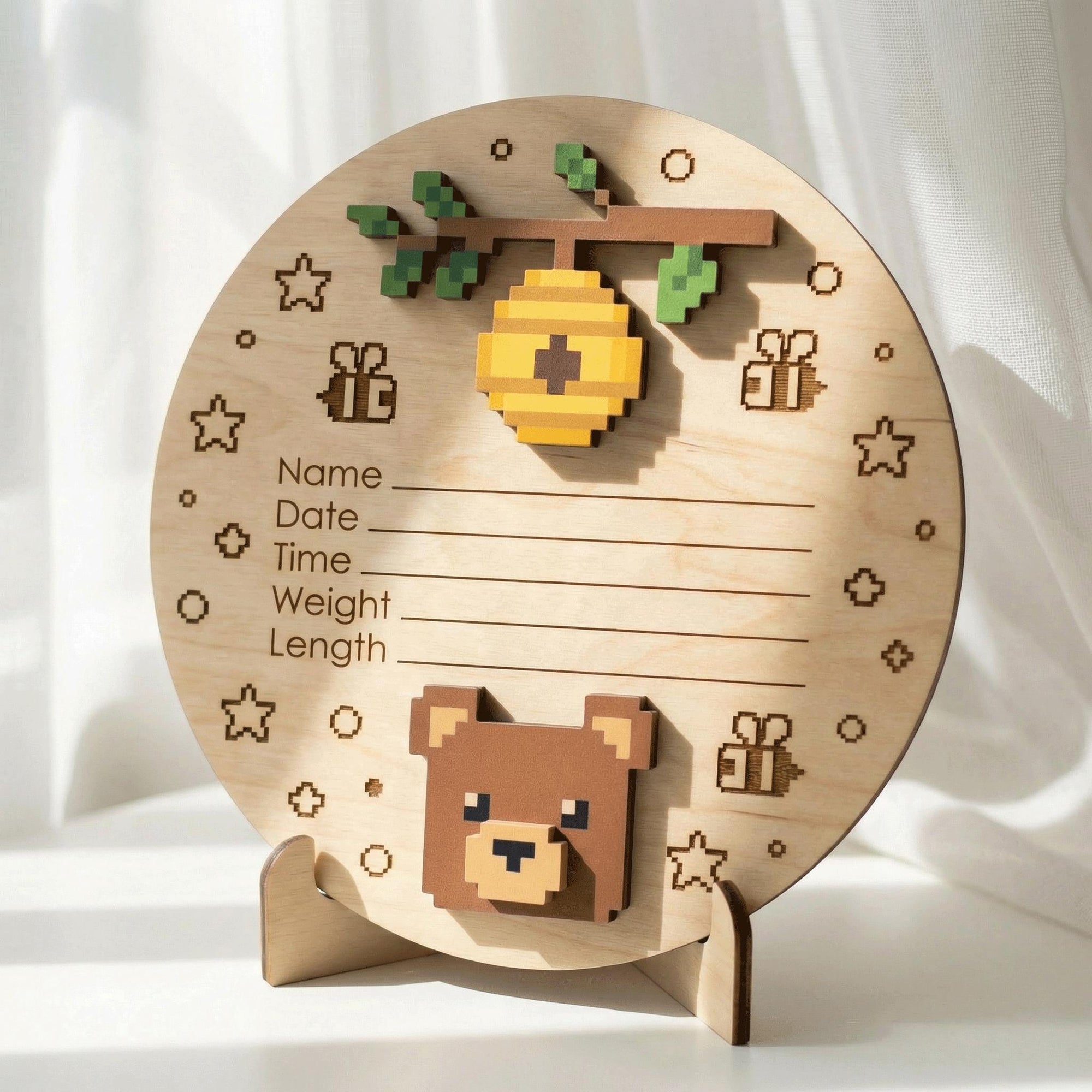 Pixel Art Bear Birth Stats Sign for Hospital | Honey Bee Wooden Newborn Plaque | Custom Unisex Baby Announcement | Nursery Prop