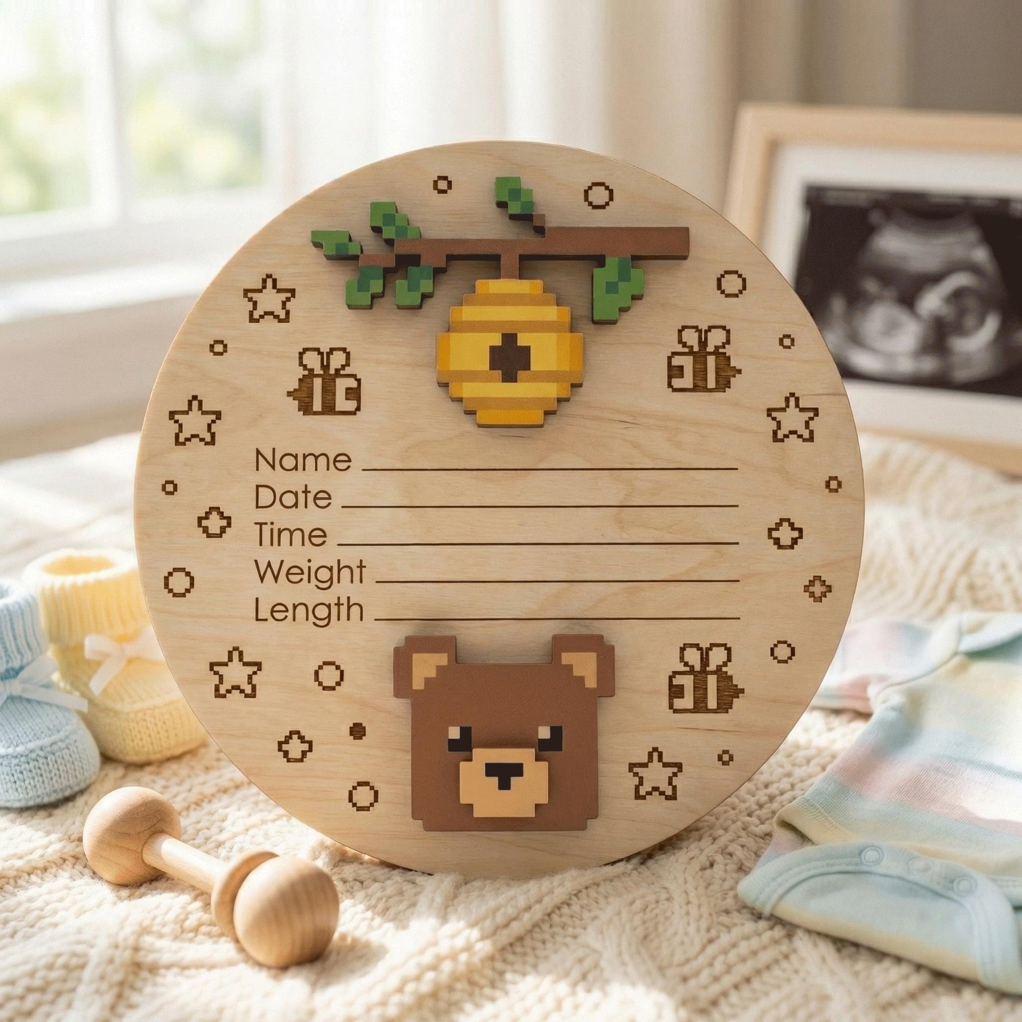 Pixel Art Bear Birth Stats Sign for Hospital | Honey Bee Wooden Newborn Plaque | Custom Unisex Baby Announcement | Nursery Prop