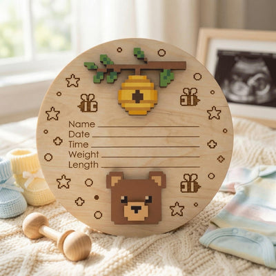Pixel Art Bear Birth Stats Sign for Hospital | Honey Bee Wooden Newborn Plaque | Custom Unisex Baby Announcement | Nursery Prop