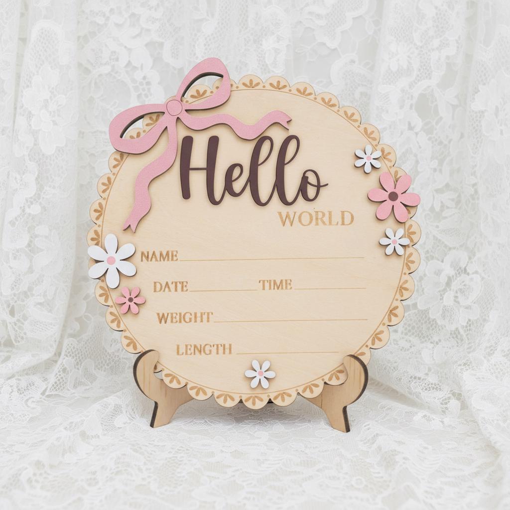 Wooden Baby Announcement Sign Hello World Floral Birth Details