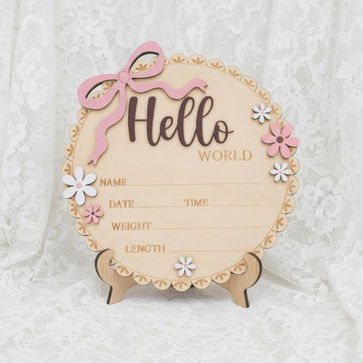Wooden Baby Announcement Sign Hello World Floral Birth Details