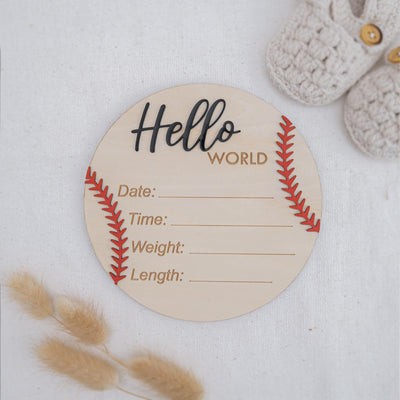 Personalized Baseball Birth Announcement Sign, Custom Hospital Baby Birth Stat Sign, Wooden Hello World Hospital Sign, Newborn Photo Prop
