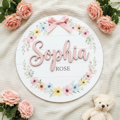 Personalized Baby Name Wood Sign, Floral Nursery Wall Decor