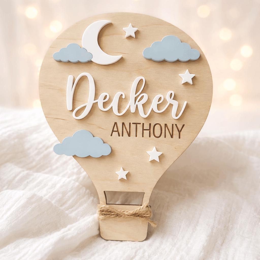 Hot Air Balloon Name Sign | Blue Pink Clouds Baby Plaque | 3D Moon Stars Wooden Letters | Whimsical Nursery Wall Decor Custom