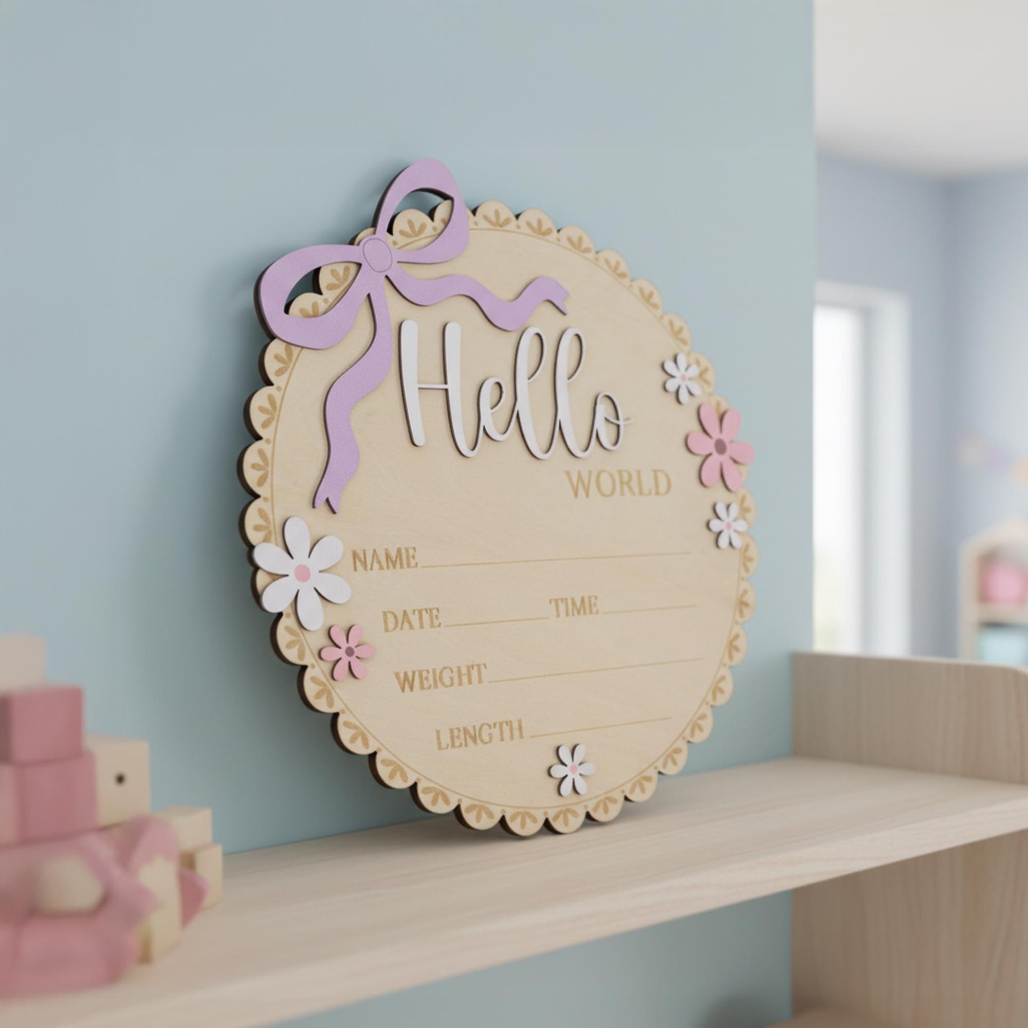 Floral Hello World Baby Sign Wooden Birth Stats Baby Girl Announcement
