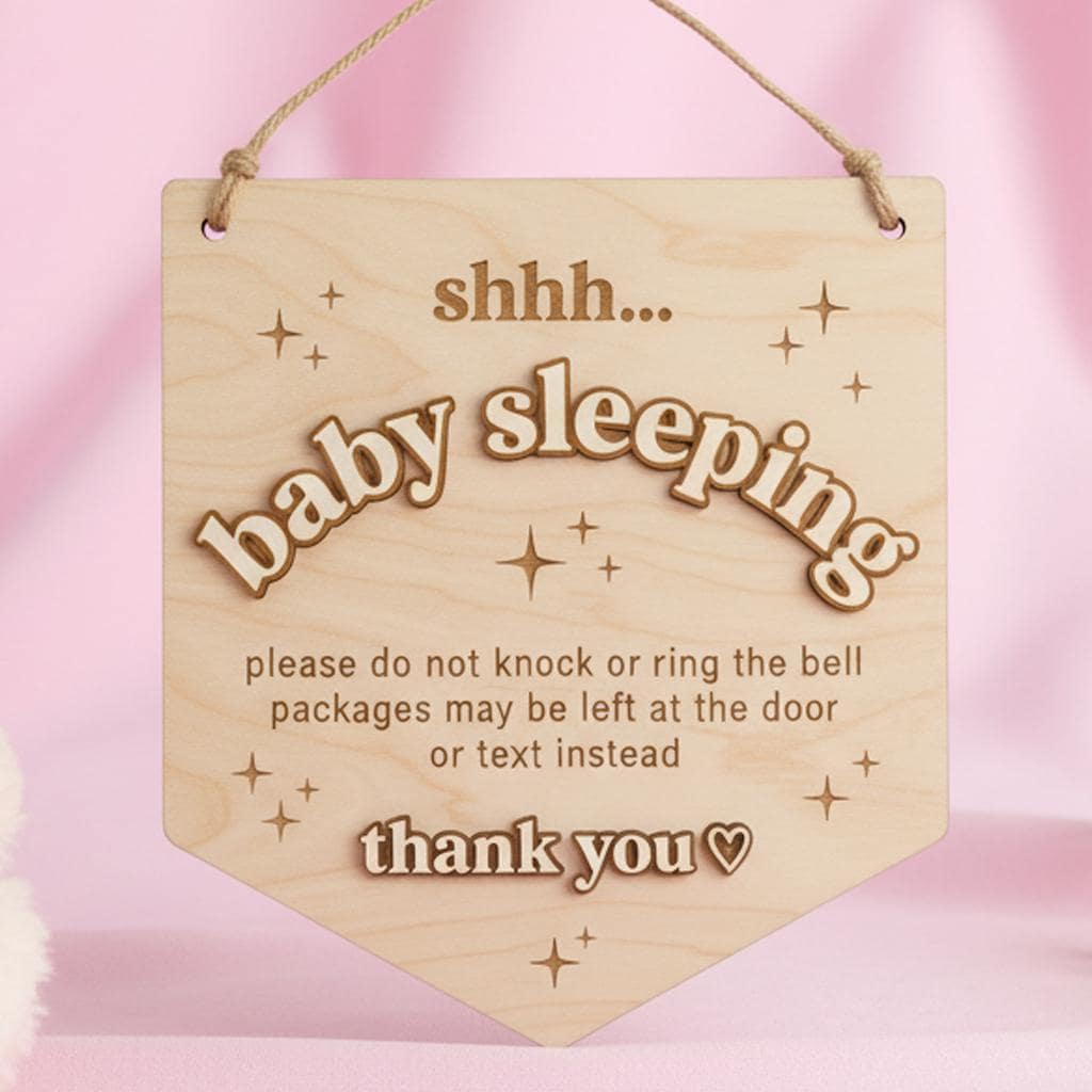 Baby Is Sleeping Delivery Sign | Shield Shape Wooden Door Hanger | 3D Wood Name Do Not Disturb | Front Porch Package Plaque