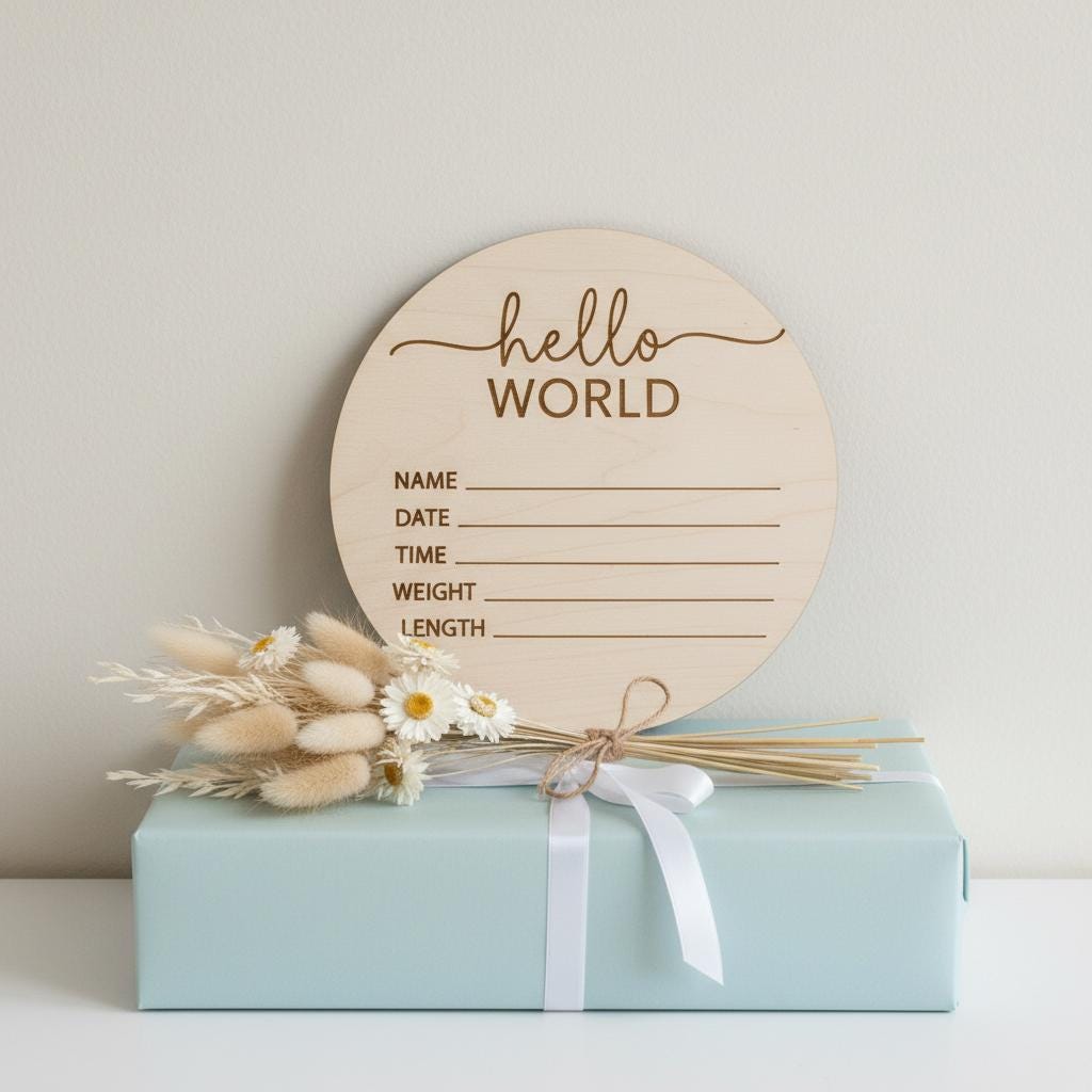 Hello World Baby Birth Announcement Sign, Personalized Wooden Newborn Keepsake
