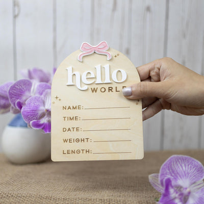Birth Stats Sign Girl, Hello World Sign, Baby Birth Announcement Sign, Baby Shower Gift, Boho Baby Announcement, Birth Detail Sign With Bow