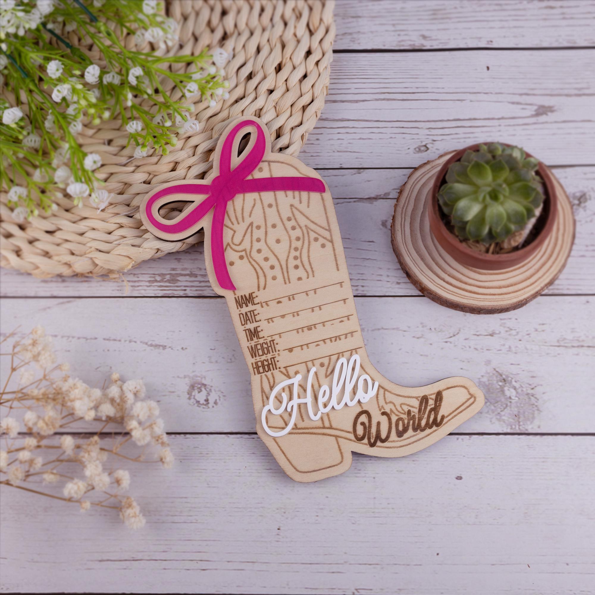 Cowgirl Baby Born Announcement Photo, Western Baby Girl Name Sign, Wooden Hello World Sign, Birth Stat Sign, Wooden Birth Announcement Sign