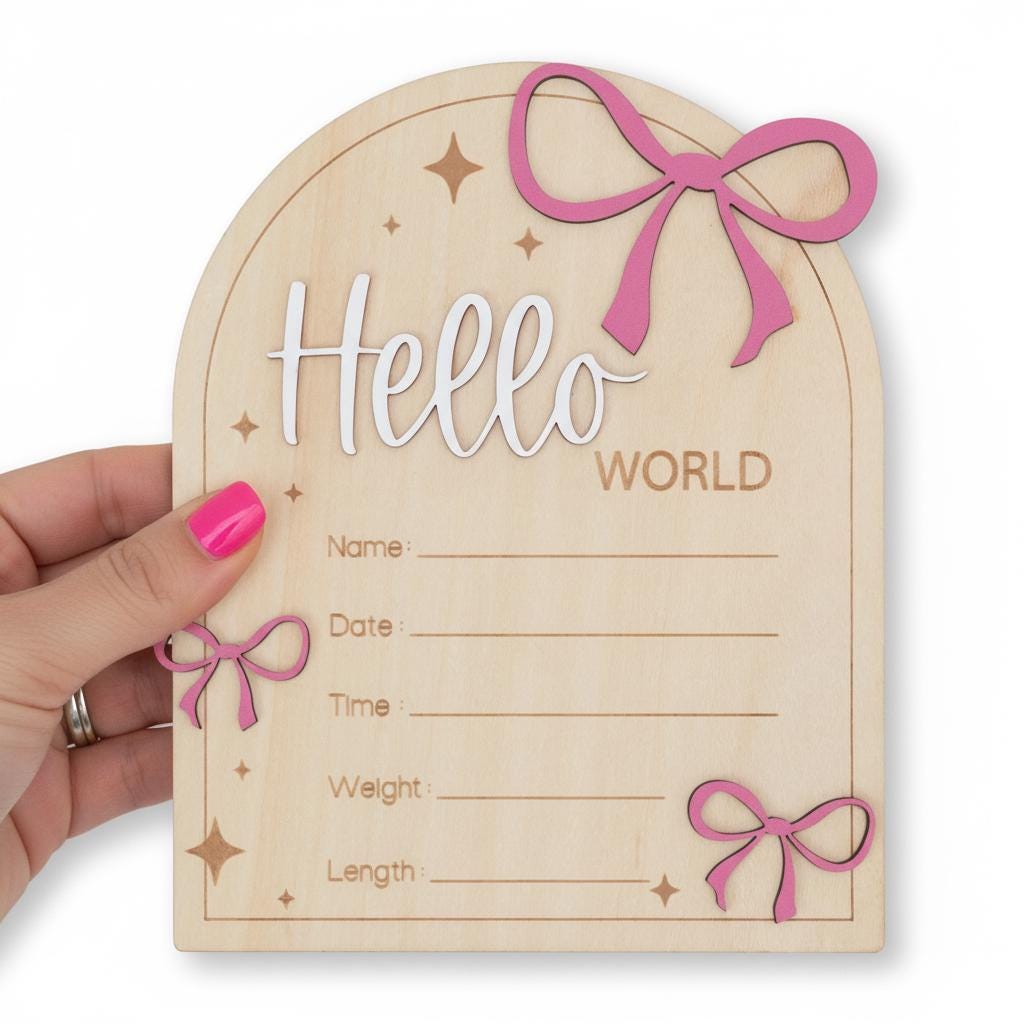 Hello World Wooden Baby Announcement Sign with Birth Details