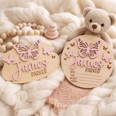 Baby Announcement Sign Set Personalized Wooden Baby Name Sign Butterfly Nursery Decor Birth Stats Sign Newborn Gift Set