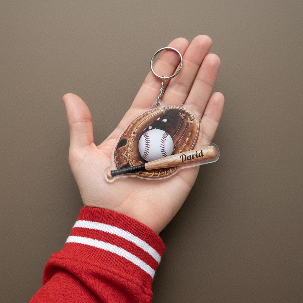 Personalized Baseball Keychain Custom Name, Baseball Glove Bat Keychain, Acrylic Baseball Player Gift, Little League Gift