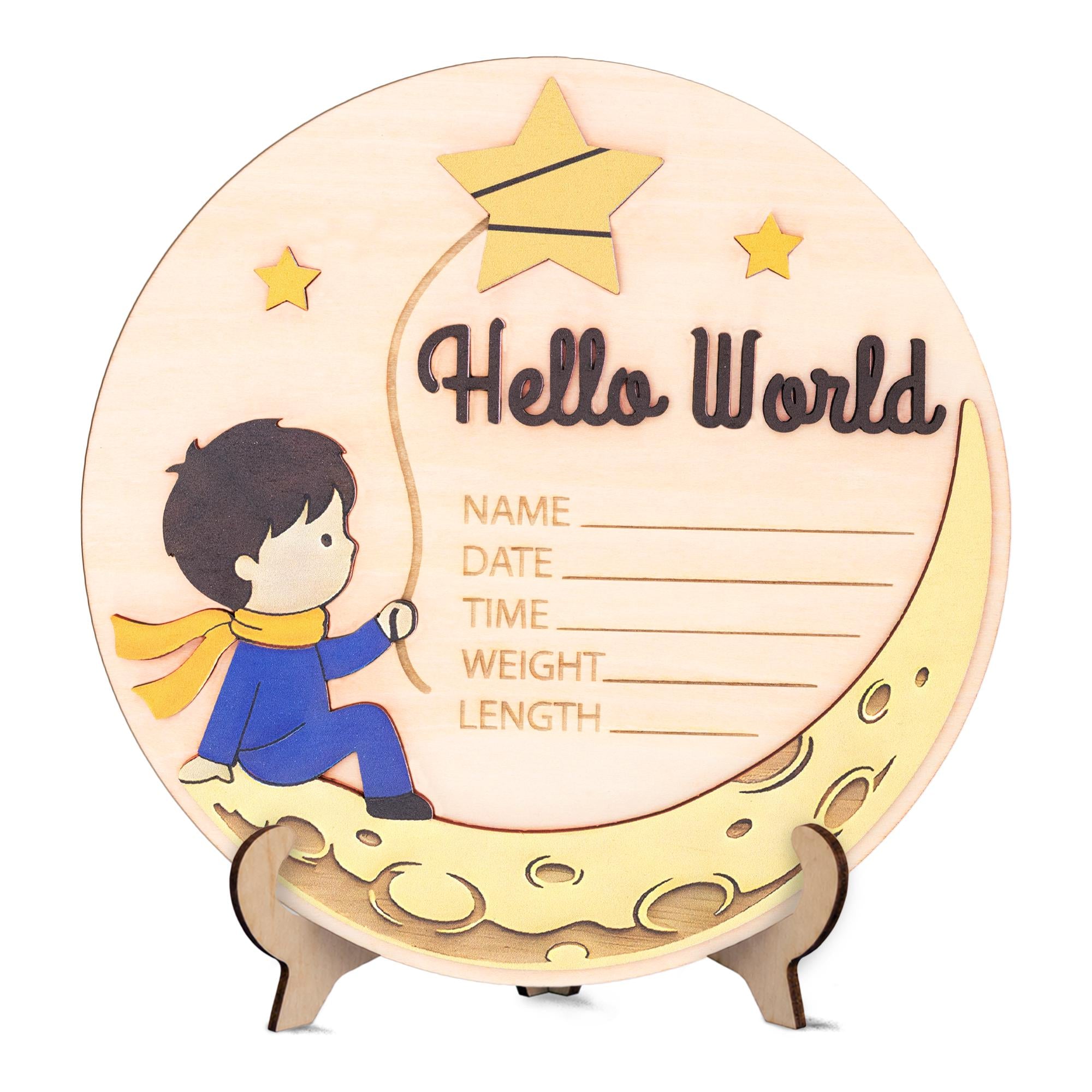 Little Prince Birth Stats Sign | 3D Moon and Stars Wooden Plaque | Hello World Newborn Announcement | Storybook Photo Prop | Baby Boy Gift