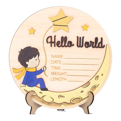 Little Prince Birth Stats Sign | 3D Moon and Stars Wooden Plaque | Hello World Newborn Announcement | Storybook Photo Prop | Baby Boy Gift