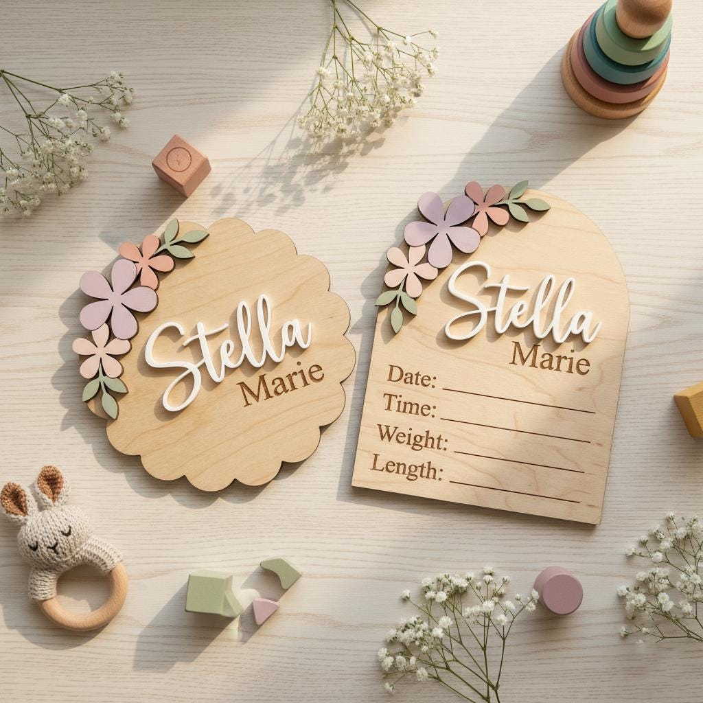 Pastel Floral Birth Stats Sign | Multi Style Arch or Scallop Wooden Plaque | 3D Name Baby Girl Announcement | Nursery Photo Prop