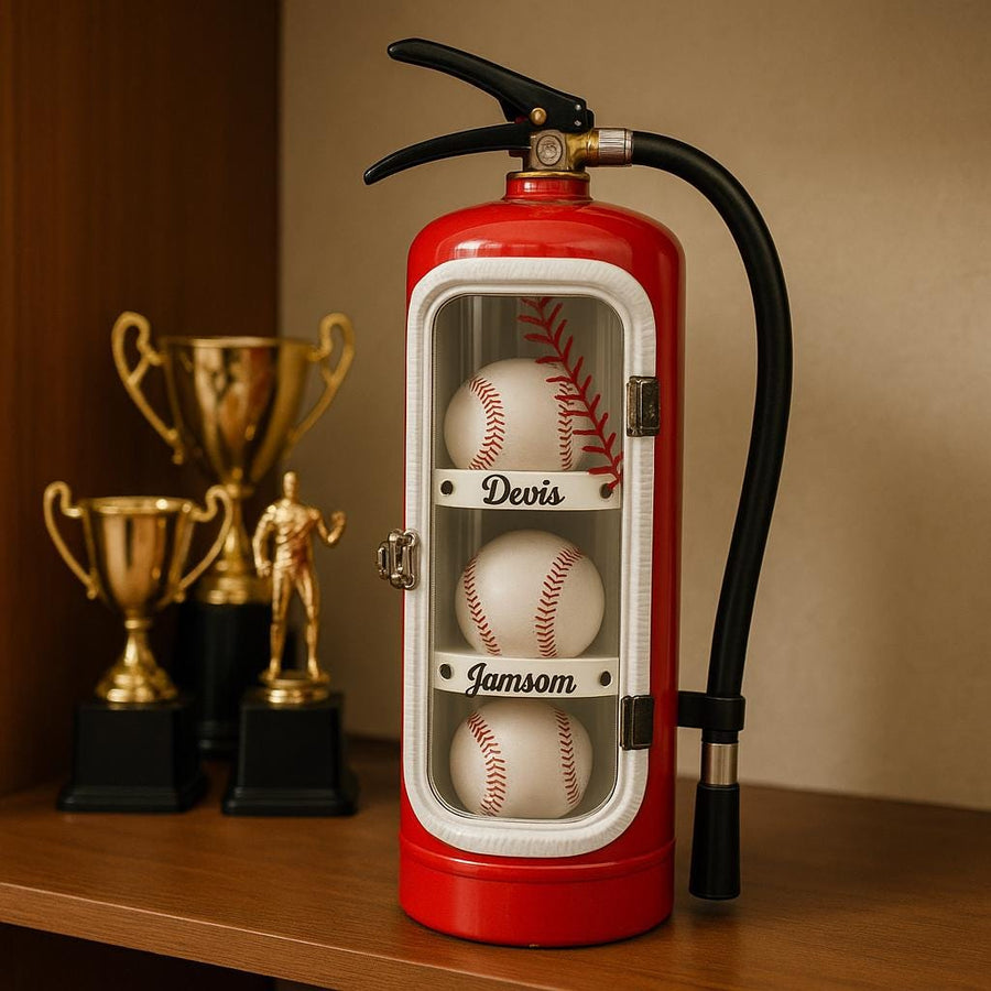 Personalized Repurposed Fire Extinguisher Baseball Display Case, Personalized Memorabilia Shelf