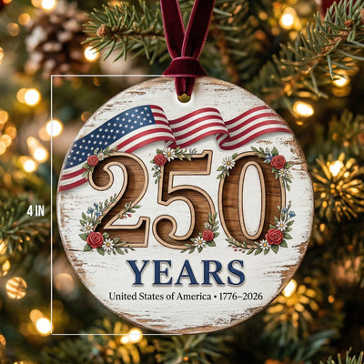 USA 250 Years Ornament, 250th Anniversary Floral Gift, 1776-2026 Semiquincentennial Decor, Rustic Farmhouse America Keepsake