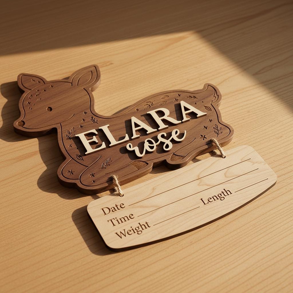Woodland Deer Birth Stats Sign | Hanging Nameplate Wooden Newborn Plaque | Custom Baby Fawn Announcement | Forest Nursery Decor