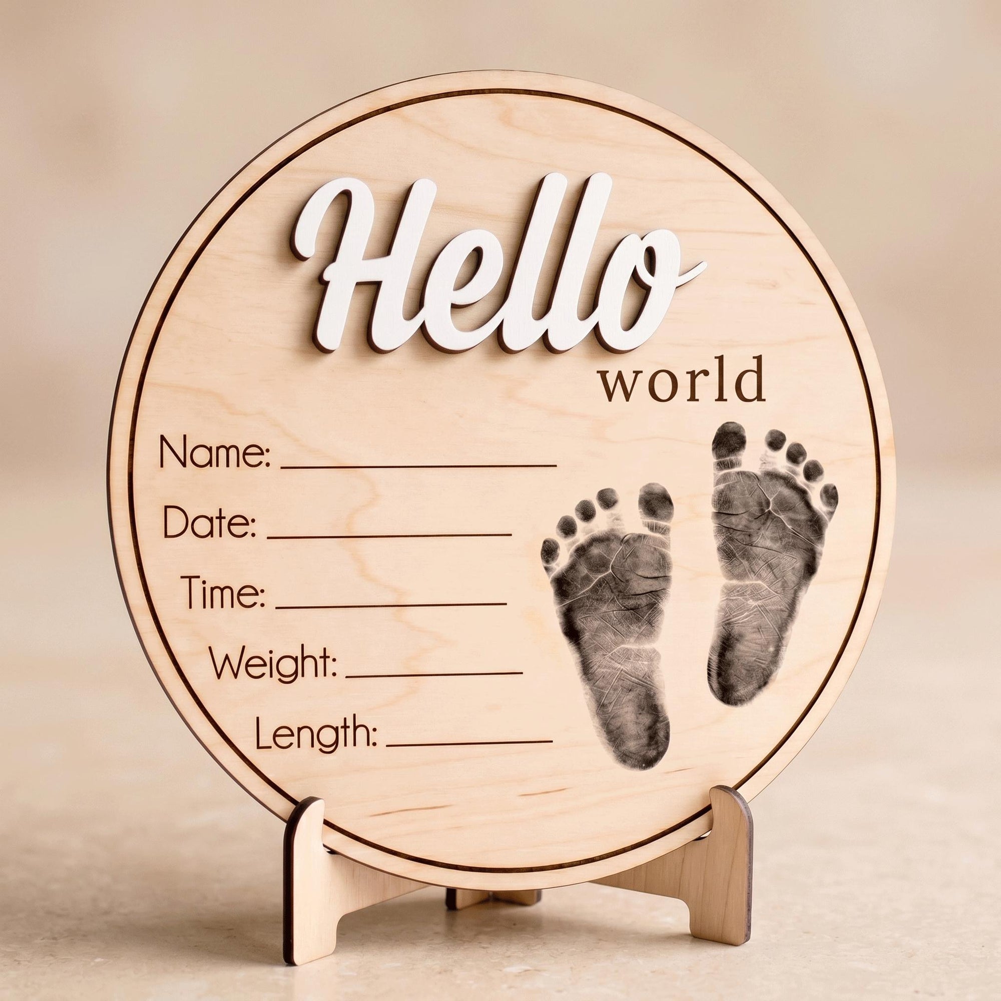 Printed Baby Footprint Sign | 3D Acrylic Hello World Wooden Plaque | Custom Newborn Birth Stats Announcement | Nursery Decor