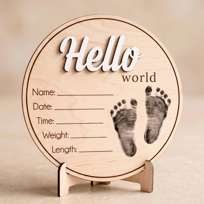 Printed Baby Footprint Sign | 3D Acrylic Hello World Wooden Plaque | Custom Newborn Birth Stats Announcement | Nursery Decor