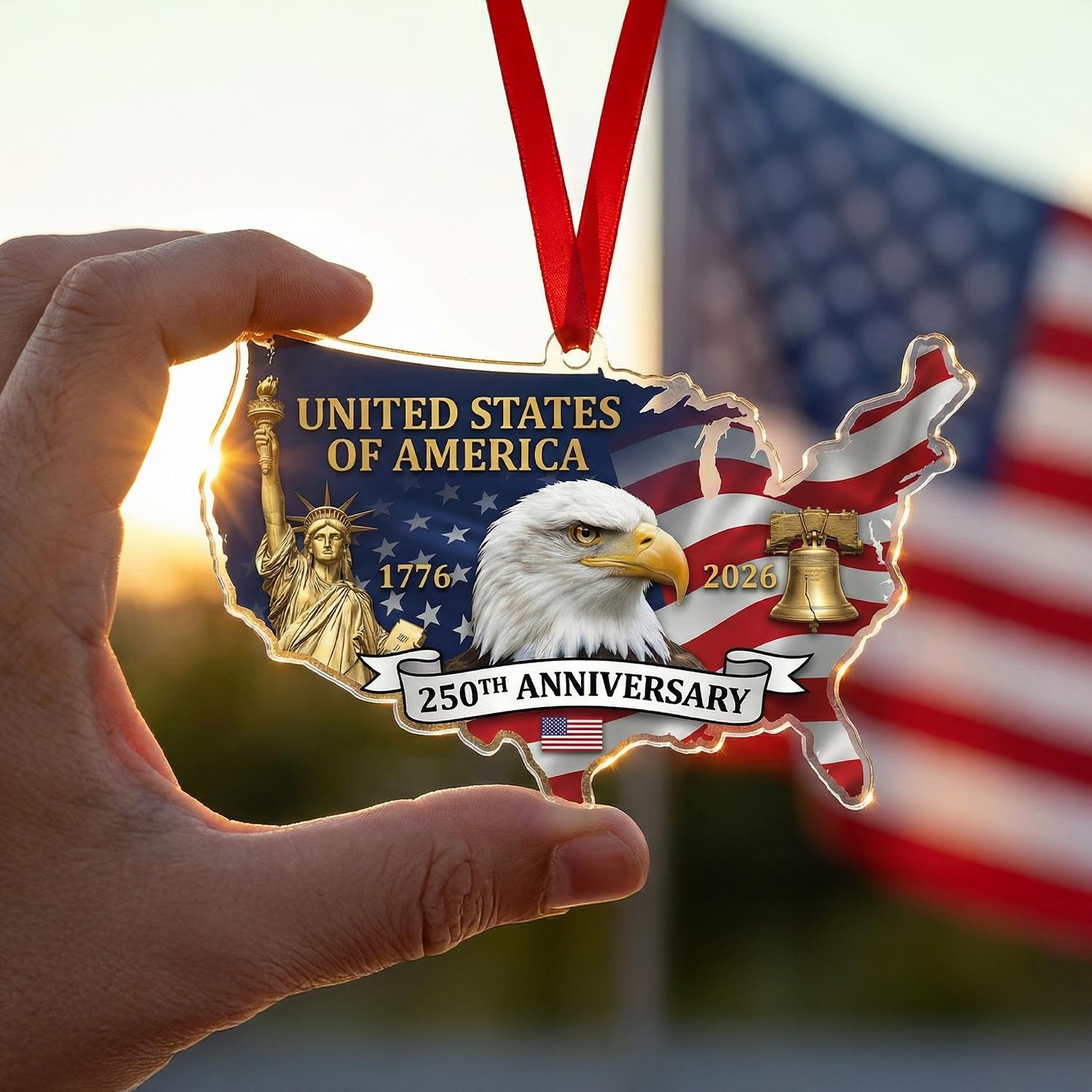 USA Map 250th Anniversary Ornament, Semiquincentennial Patriotic Gift, 1776-2026 United States Shape Decor, America Milestone Keepsake