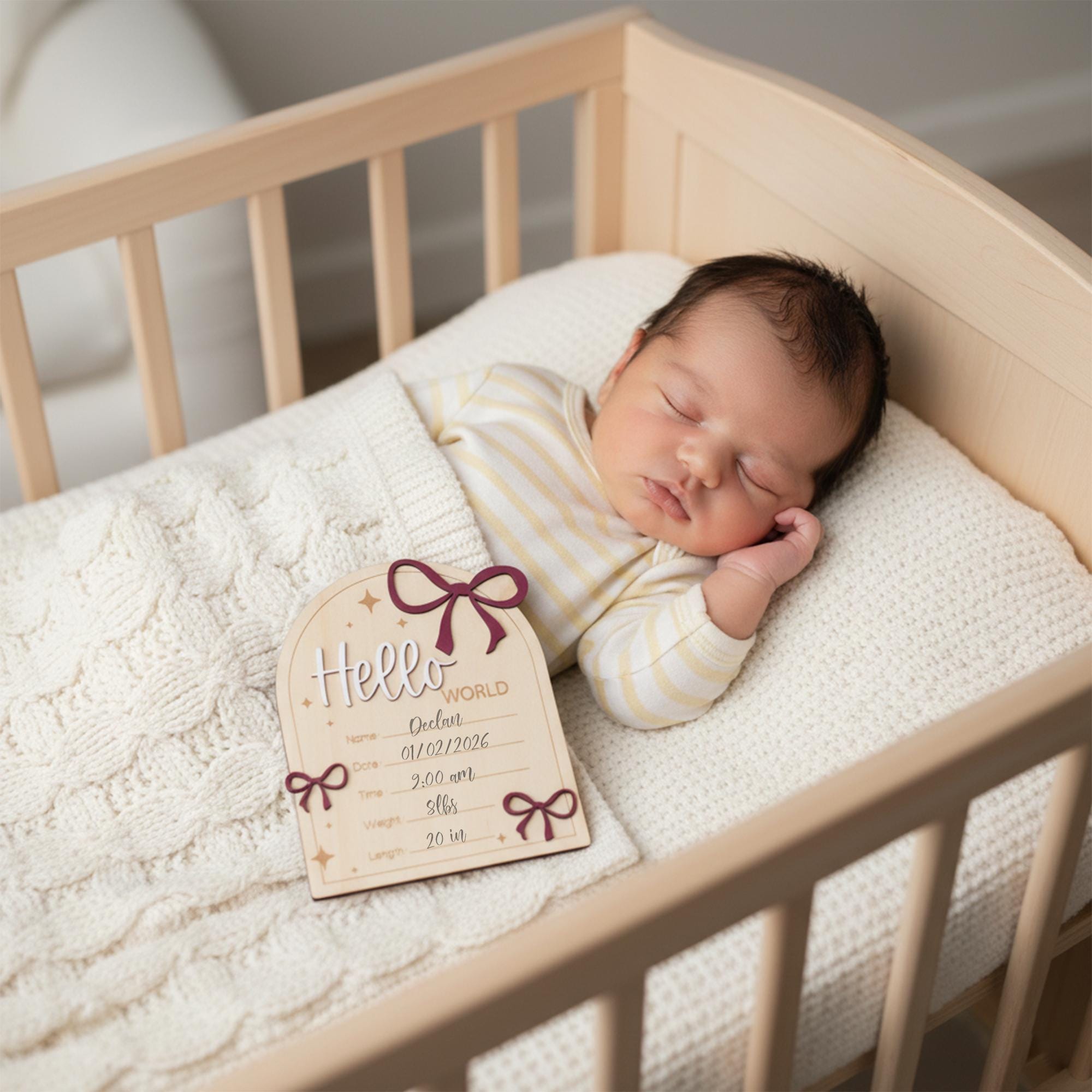 Hello World Wooden Baby Announcement Sign, Baby Keepsake Sign