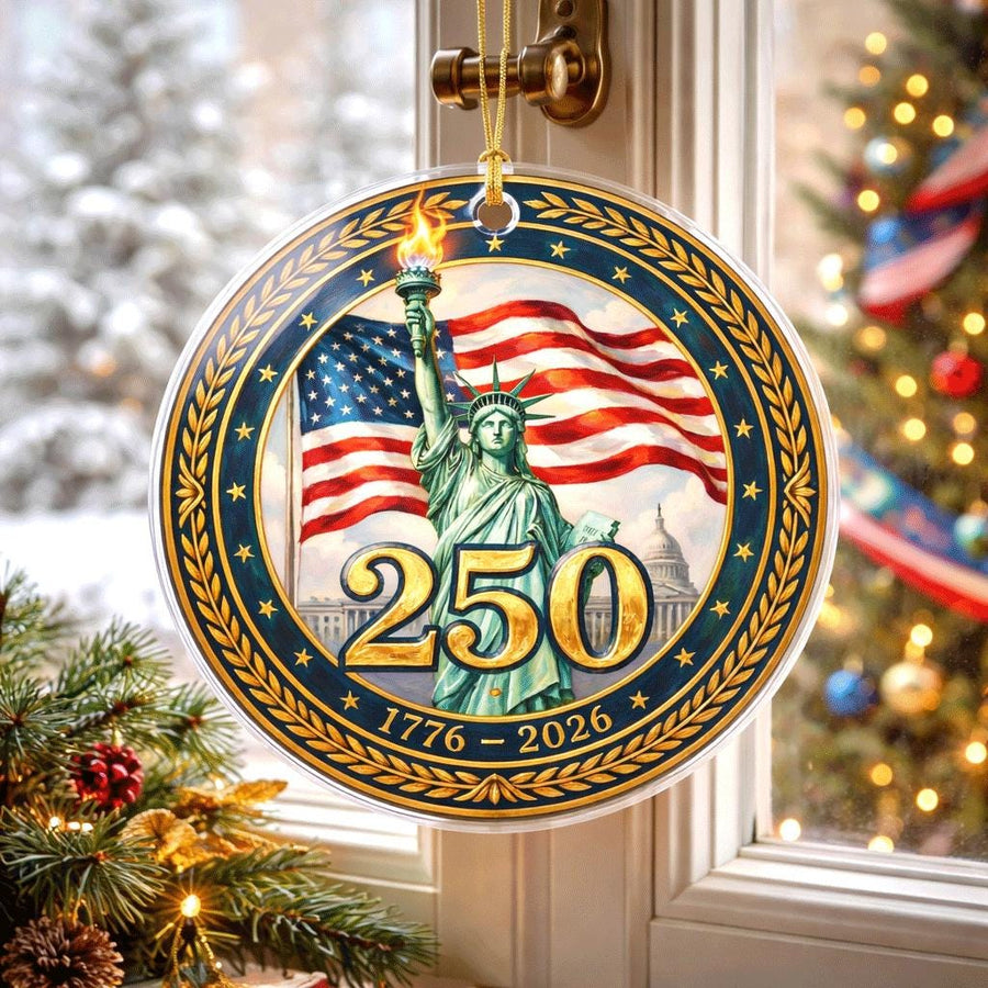 Lady Liberty 250th Ornament, Semiquincentennial Gold Laurel Gift, 1776-2026 USA Milestone Decor, America 250th Anniversary