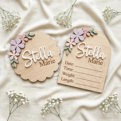 Pastel Floral Birth Stats Sign | Multi Style Arch or Scallop Wooden Plaque | 3D Name Baby Girl Announcement | Nursery Photo Prop