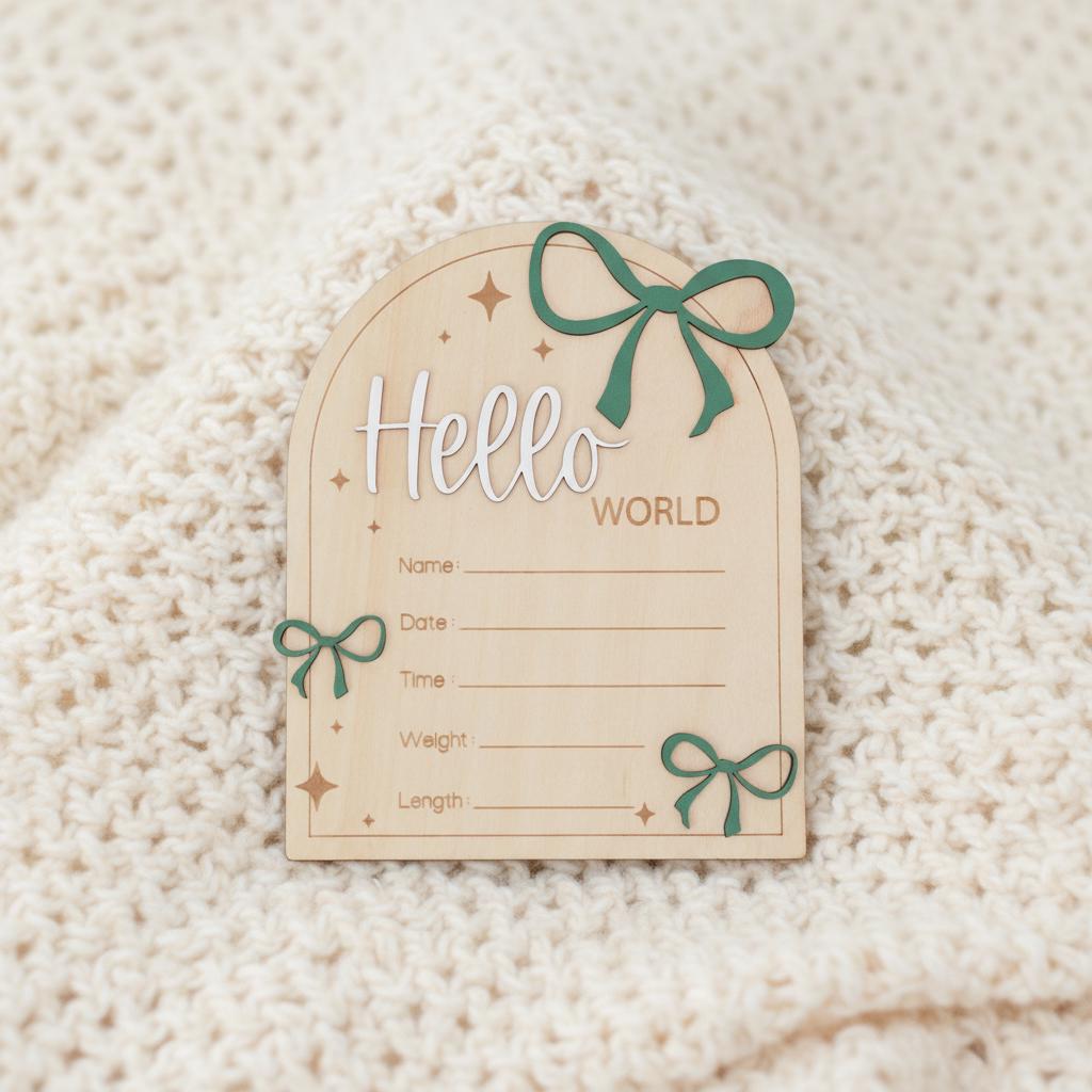 Hello World Wooden Baby Birth Announcement Sign with Name and Stats