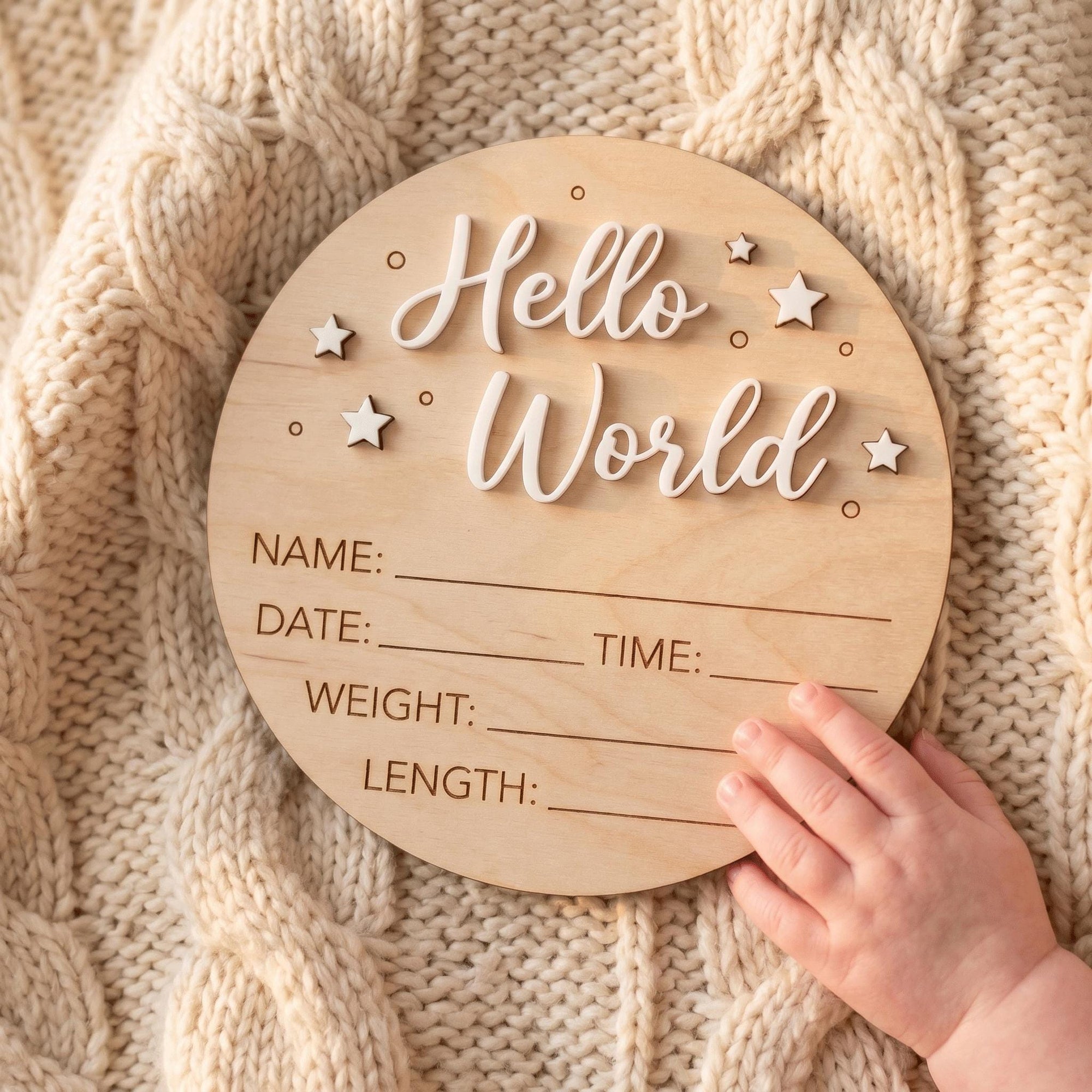 Celestial Stars Birth Stats Sign | 3D Star Wooden Baby Plaque | Acrylic Lettering Hello World Announcement | Neutral Nursery Prop
