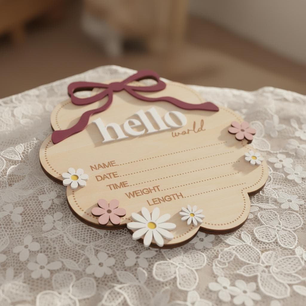 Berry Hello World Wooden Baby Birth Stats Sign Newborn Keepsake