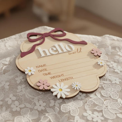 Berry Hello World Wooden Baby Birth Stats Sign Newborn Keepsake
