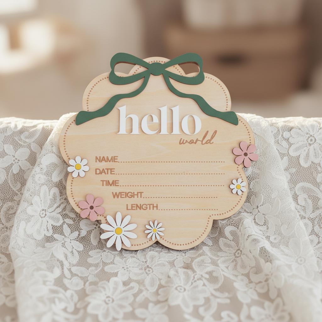 Sage Hello World Wooden Baby Birth Announcement Sign Nursery Decor