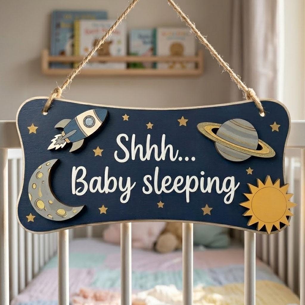 Baby Sleeping Door Sign Do Not Disturb | Outer Space Wooden Hanger | Rocket Ship Shh Plaque | Custom Galaxy Boy Nursery Decor