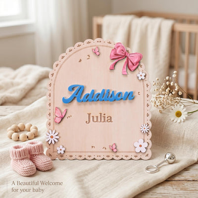 Personalized Baby Name Sign for Nursery Pink Bow Birth Announcement Sign for Hospital Custom Wood Name Plate Girl Newborn Gift