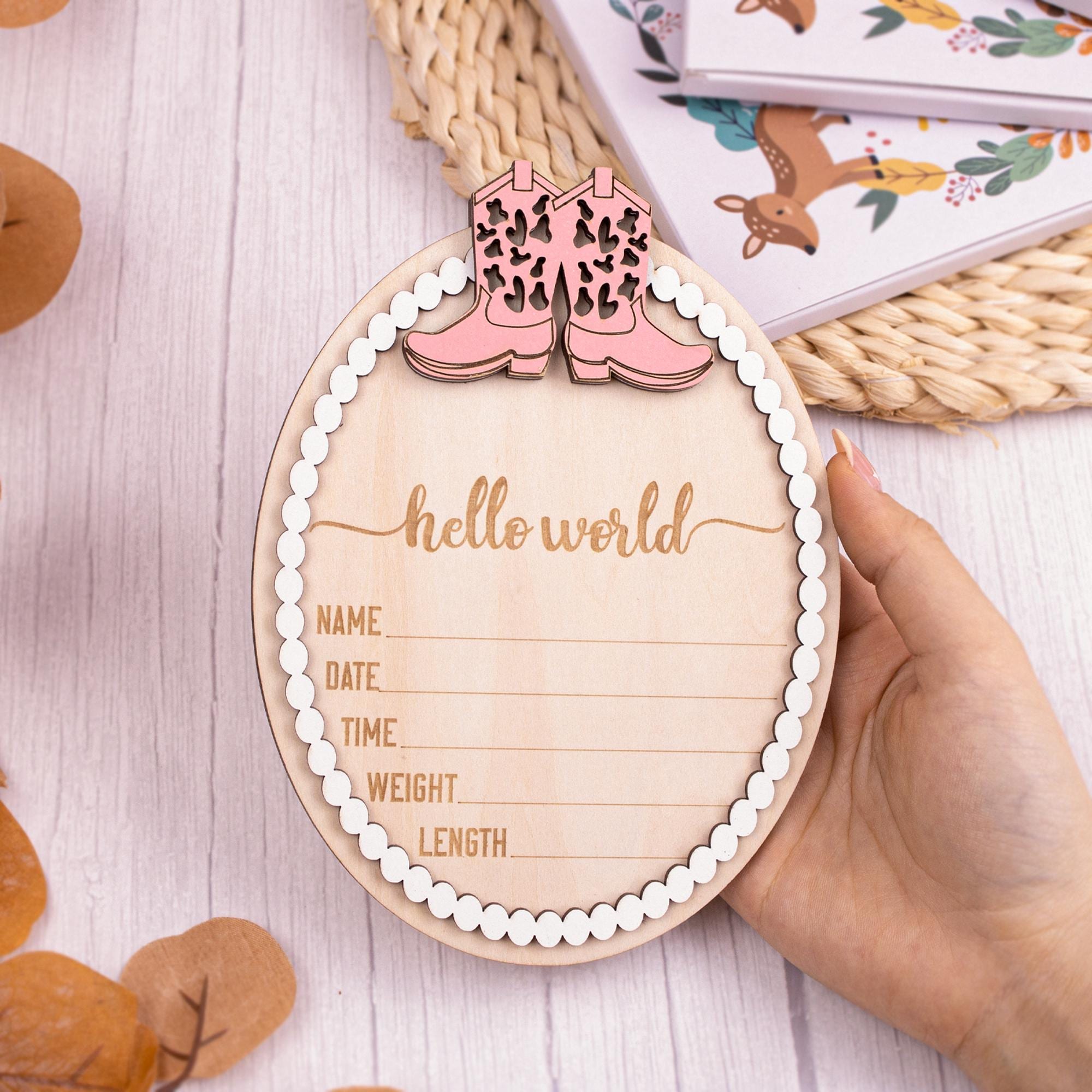 Western Baby Nursery Sign, Hello World Sign, Baby Announcement Sign with Pink Cowgirl Boots, Rustic Baby Photo Prop, Baby Shower Gift
