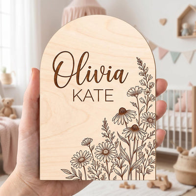 Wildflower Arch Wooden Sign | Full Set Birth Stats Plaque | 2 Piece Baby Name Announcement | Custom Floral Nursery Decor