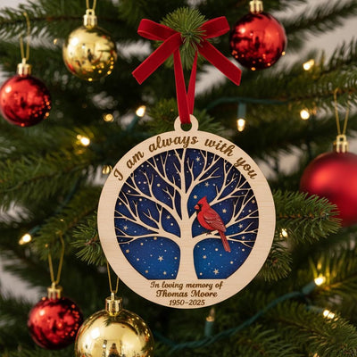 Personalized Memorial Christmas Ornament, Custom Wooden Ornament with Name and Years, Cardinal Remembrance Gift, Sympathy Keepsake, Ornament