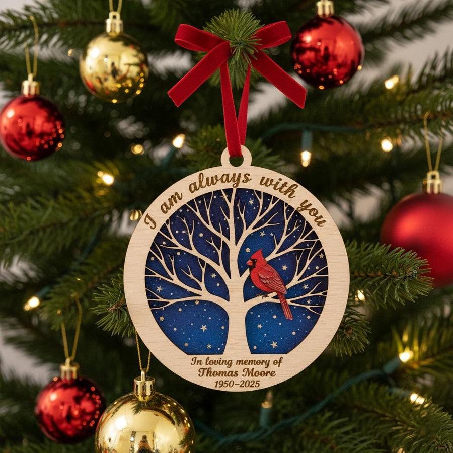 Personalized Memorial Christmas Ornament, Custom Wooden Ornament with Name and Years, Cardinal Remembrance Gift, Sympathy Keepsake, Ornament