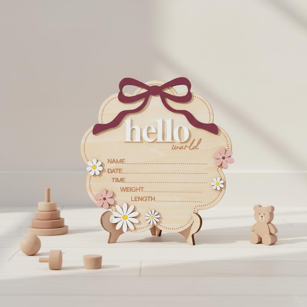 Berry Hello World Wooden Baby Birth Stats Sign Newborn Keepsake