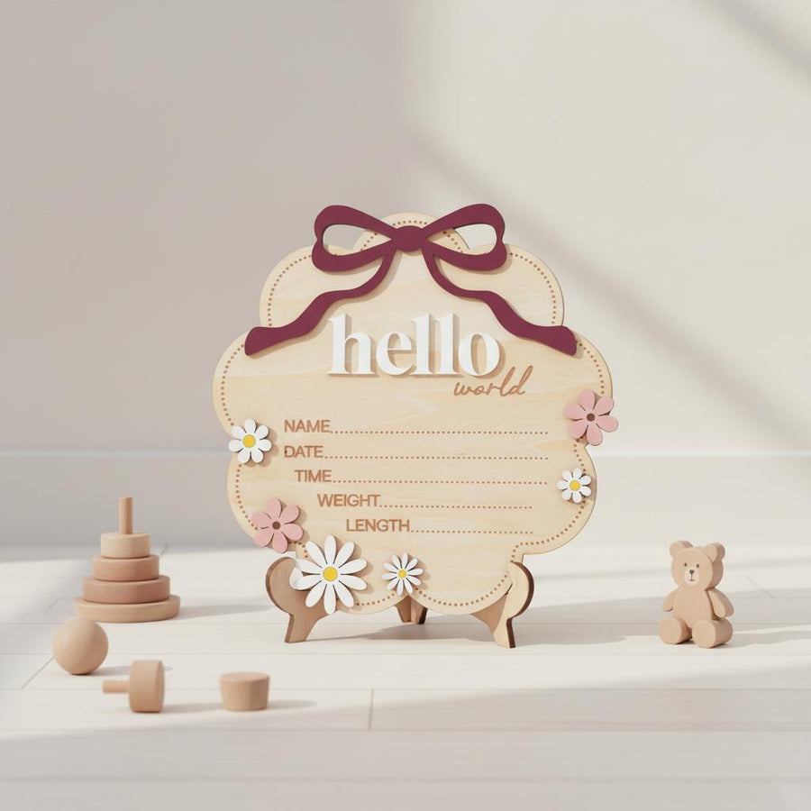 Berry Hello World Wooden Baby Birth Stats Sign Newborn Keepsake